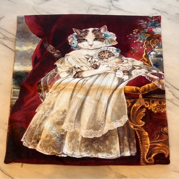 Velvet Cat Art Square Pillow Cover Mother Cat and Kitten Colonial Irony Burgundy - Picture 1 of 4